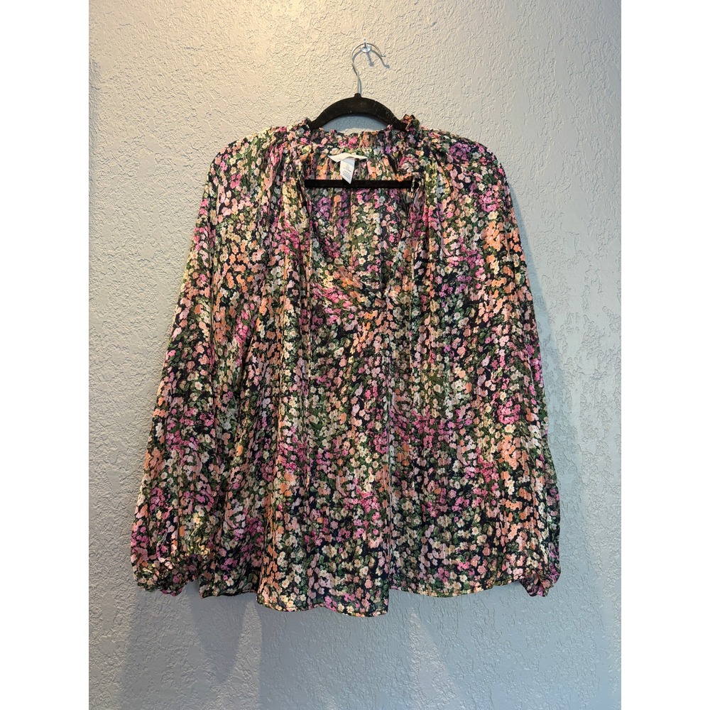 HM Floral Ruffle Neck Tie Blouse‎ Long Sleeve Size L